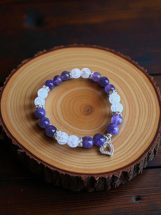 Amethyst and clear quartz beaded bracelet for calm, clarity, and protection