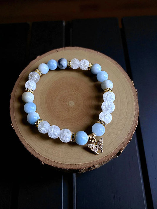 Aquamarine and clear quartz beaded bracelet for calm, clarity, and transformation