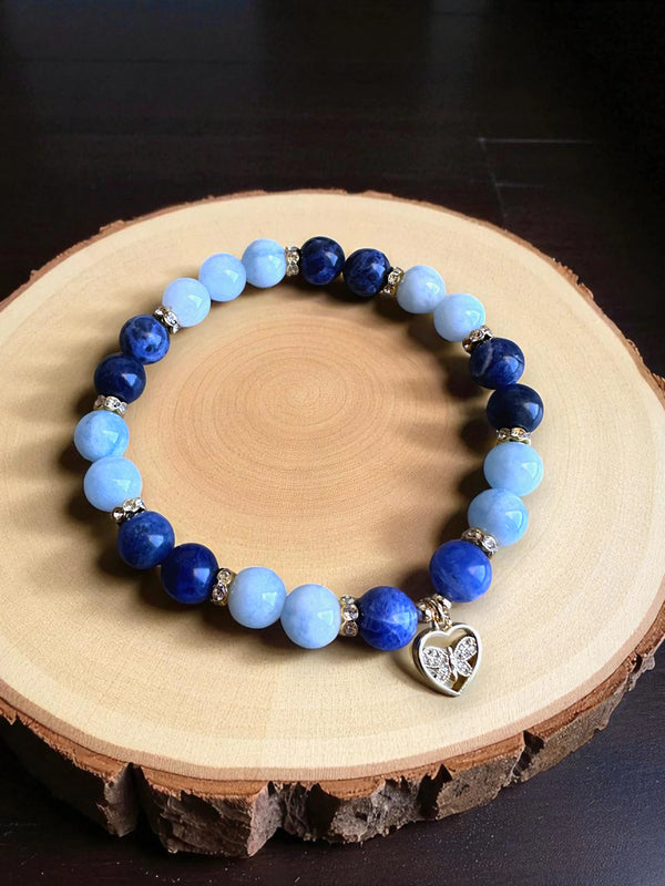 Aquamarine and sodalite gemstone bracelet for calm, truth, and intuition.