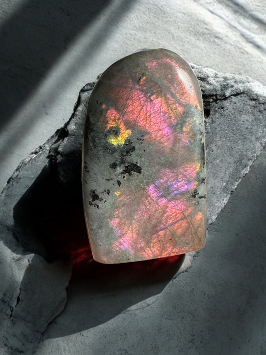 Labradorite sunset flash free form crystals with pink and gold hues
