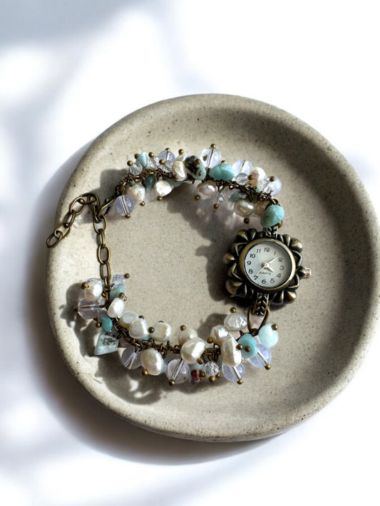 Larimar, Pearl, and Clear Quartz Custom Watch