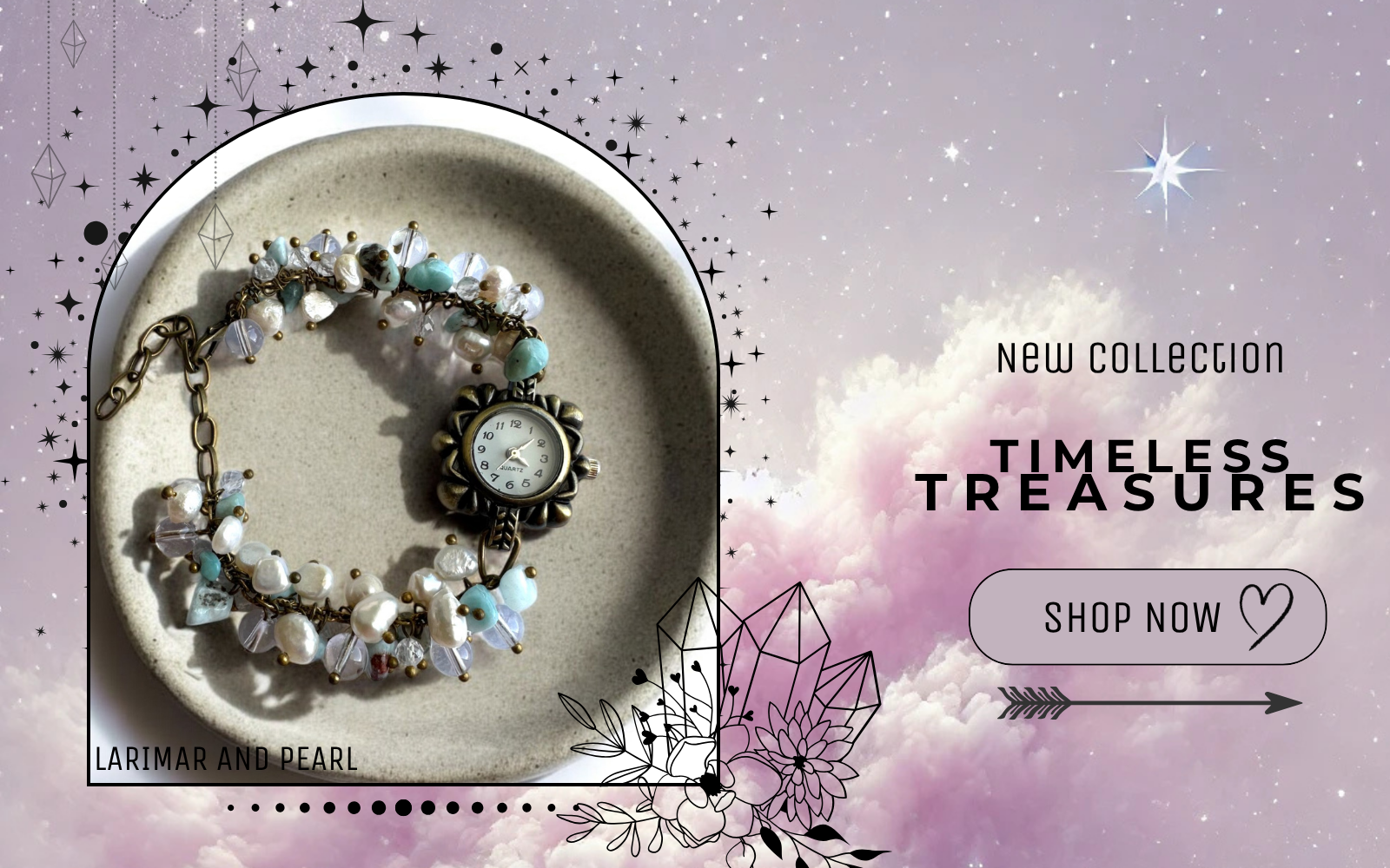 Larimar and pearl custom crystal watch with bronze details