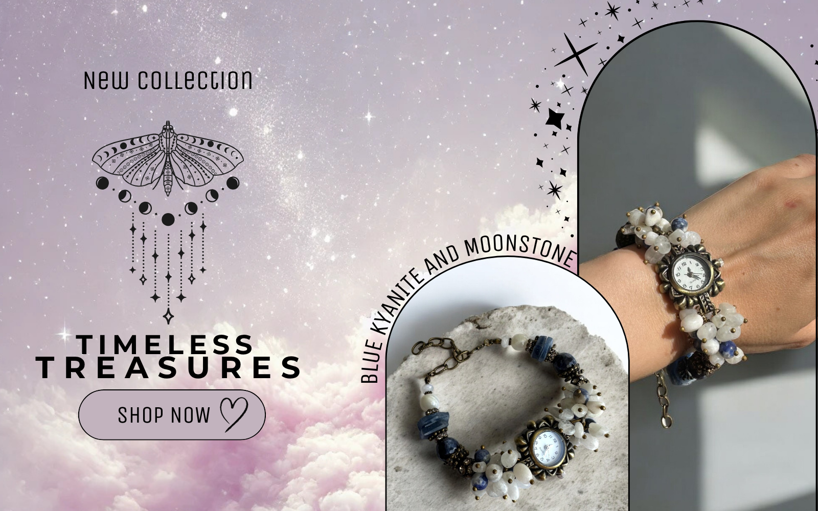 Moonstone and Blue Kyanite custom made watch with bronze details