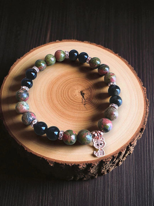 Unakite and golden sheen obsidian gemstone bracelet for healing and protection.