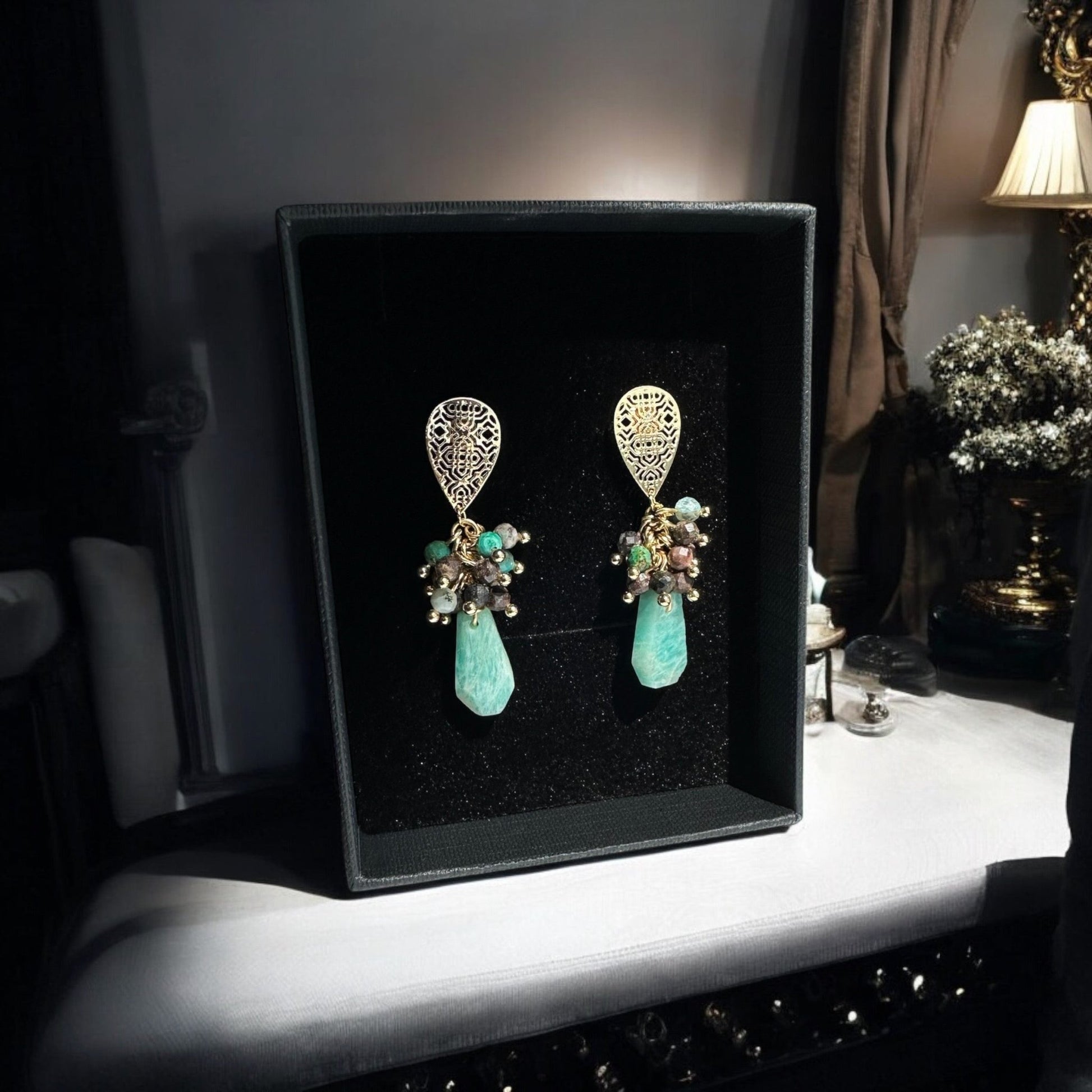 Amazonite and Chrysocolla 18K Gold Plated Crystal Earrings in a box