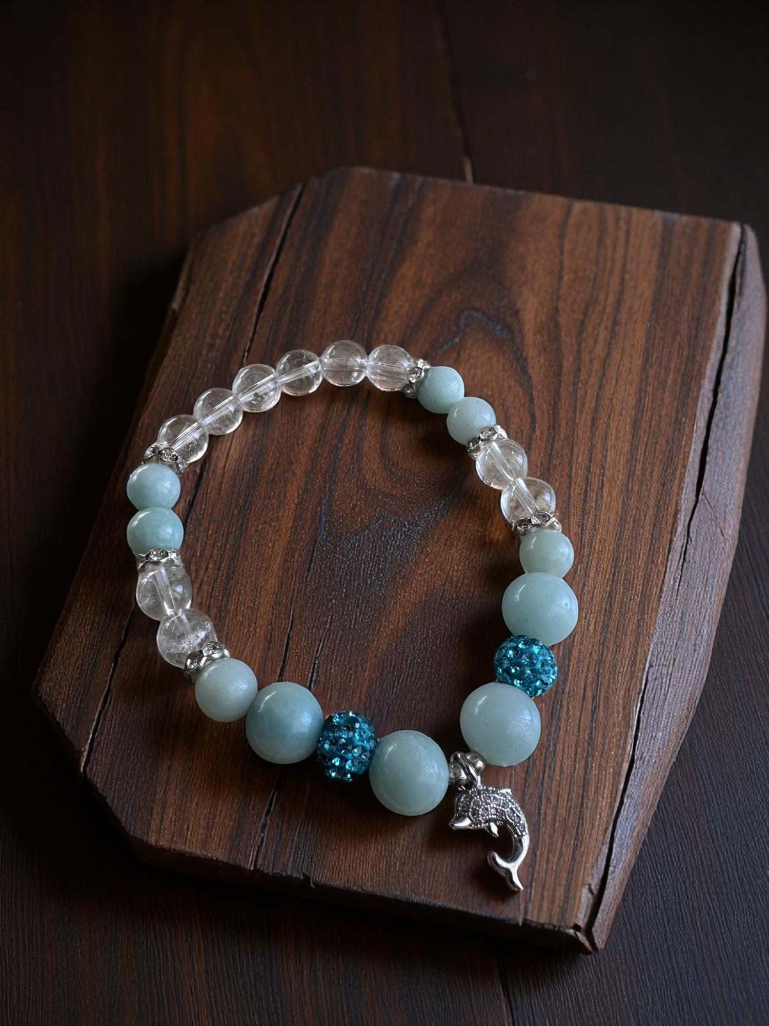 Amazonite and clear quartz bracelet with rhinestone dolphin charm