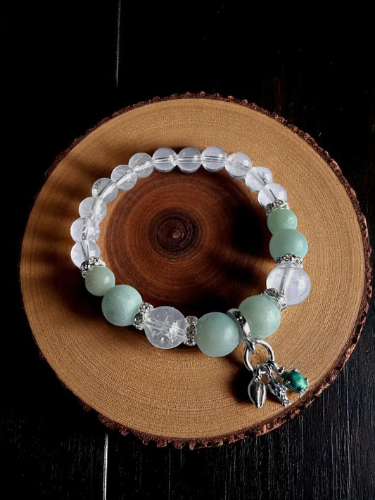 Amazonite and clear quartz bracelet with silver seashell charm