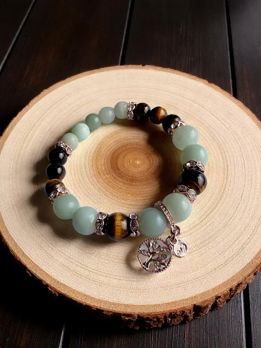 Amazonite and tiger’s eye bracelet with Tree of Life charm