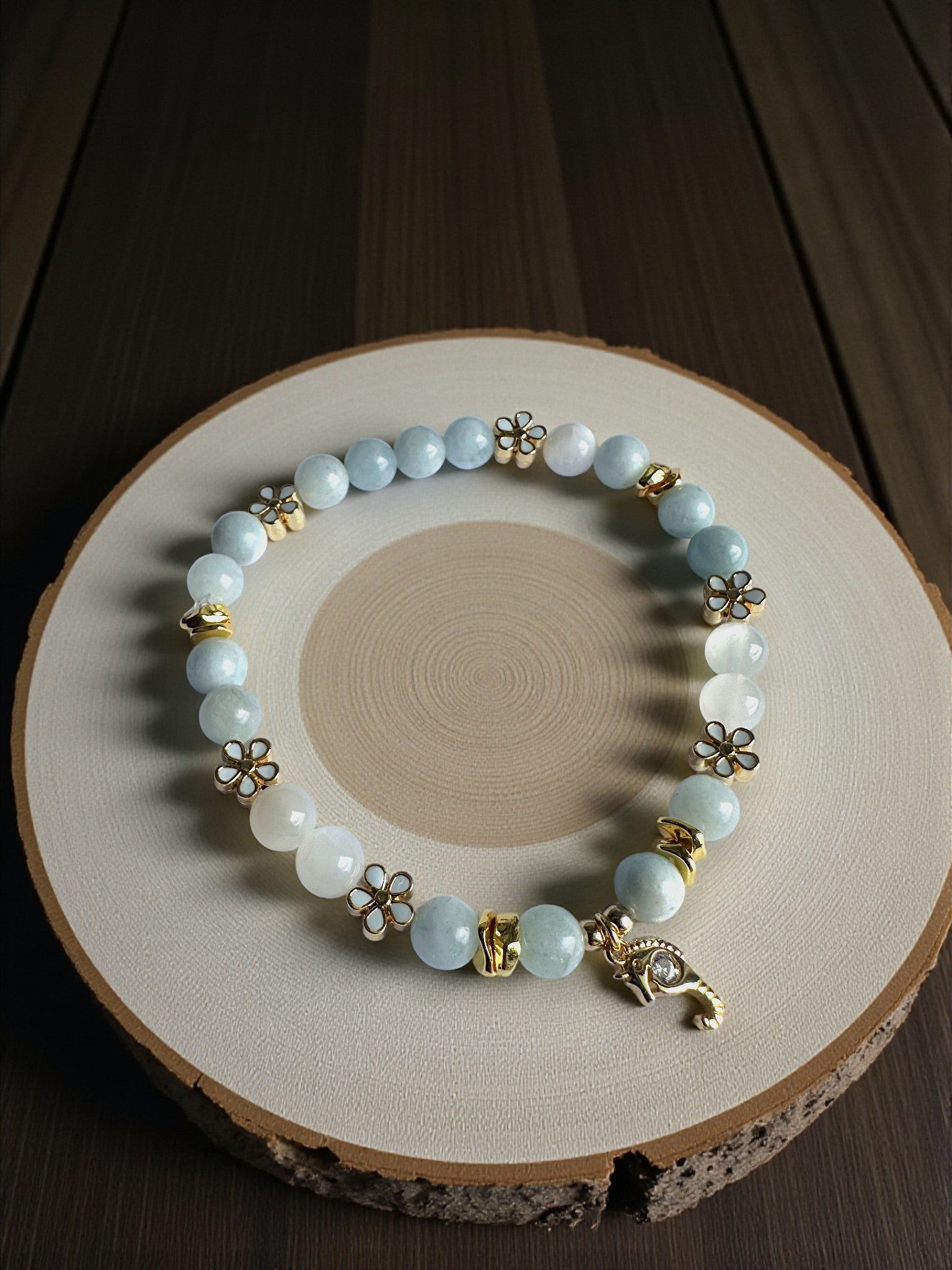 Aquamarine and Selenite crystal bracelet with seahorse charm for calm and clarity