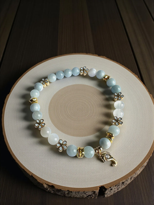 Aquamarine and Selenite crystal bracelet with seahorse charm for calm and clarity