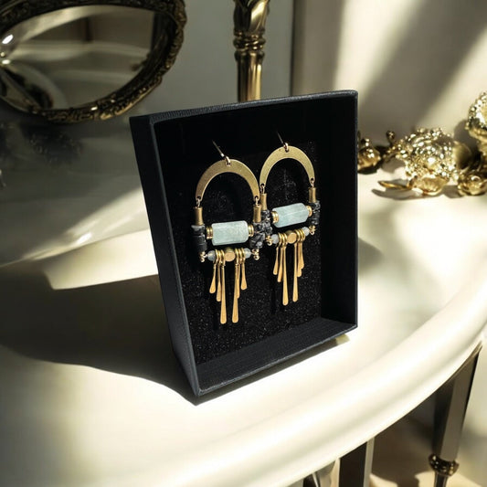 Aquamarine and Snowflake Obsidian Geometrical Brass Crystal Earrings in a box