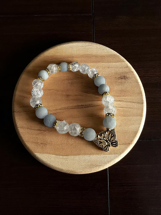 Aquamarine and clear quartz bracelet with golden butterfly charm