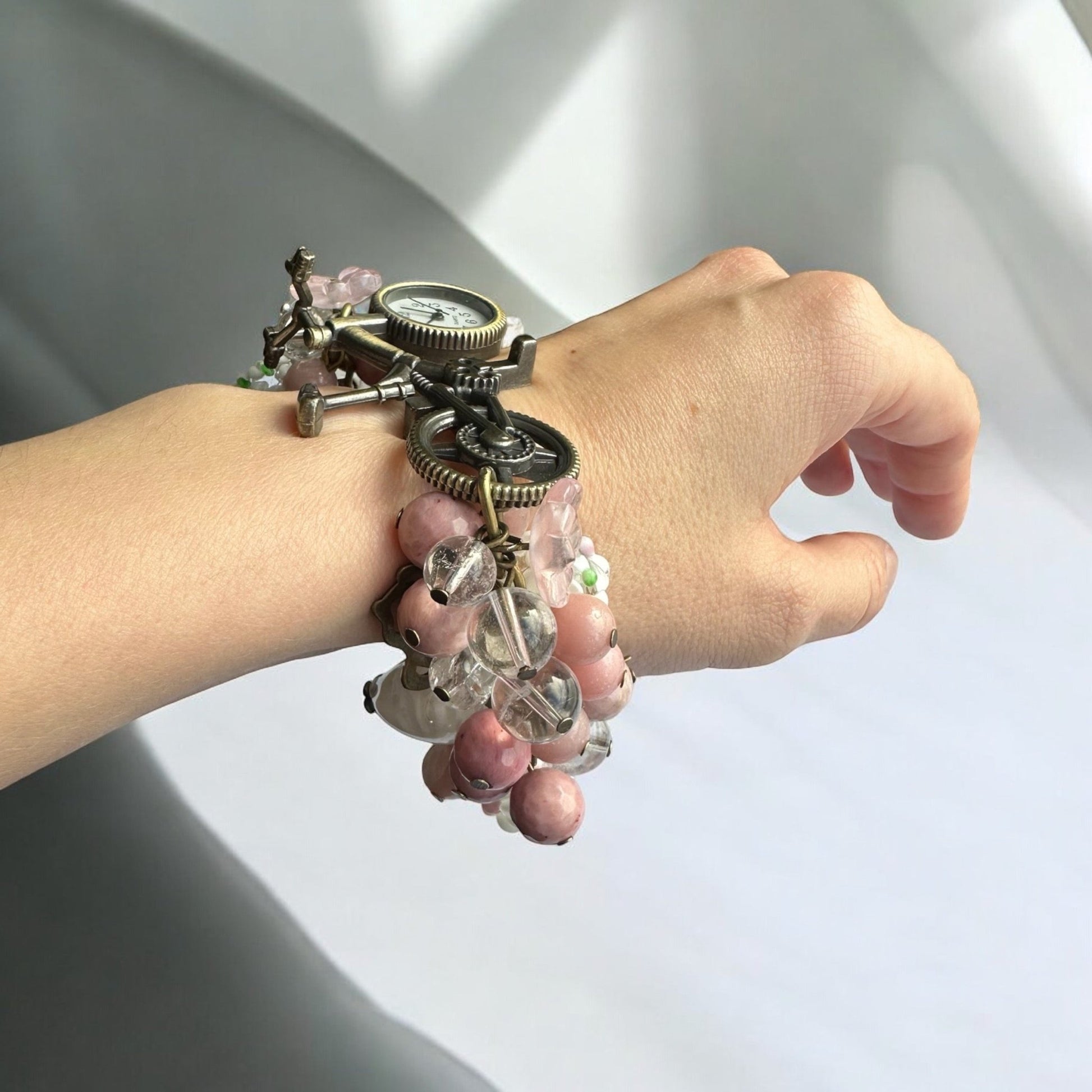 Band view of Rhodonite, Pink Opal, and Clear Quartz Custom Watch