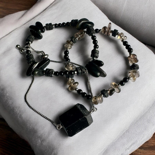 Black Onyx, Black Tourmaline, Lava Stone, and Smoky Quartz Crystal Bracelet Set