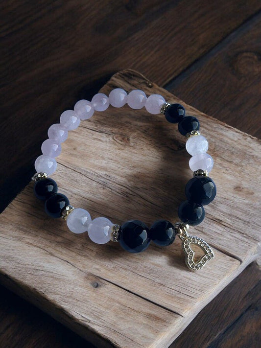 Black onyx and rose quartz rhinestone heart crystal bracelet