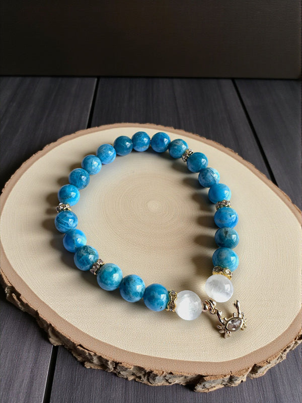 Blue Apatite and Selenite bracelet with crab charm for clarity and cleansing