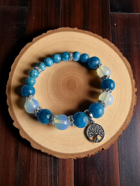 Blue apatite and opalite bracelet with silver Tree of Life charm