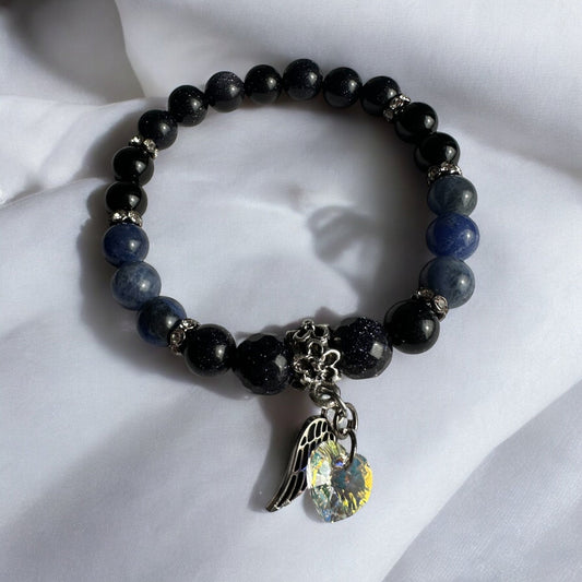 Blue goldstone and blue aventurine Swarovski crystal heart beaded bracelet