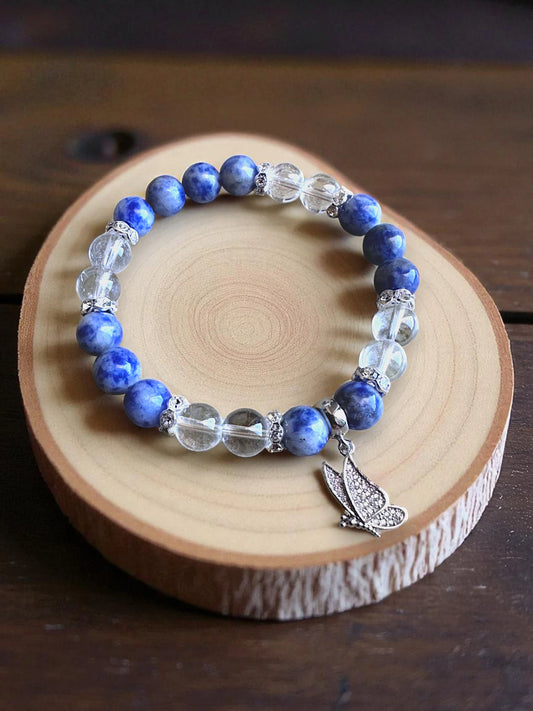 Blue spot jasper and clear quartz gemstone bracelet for calm and clarity.