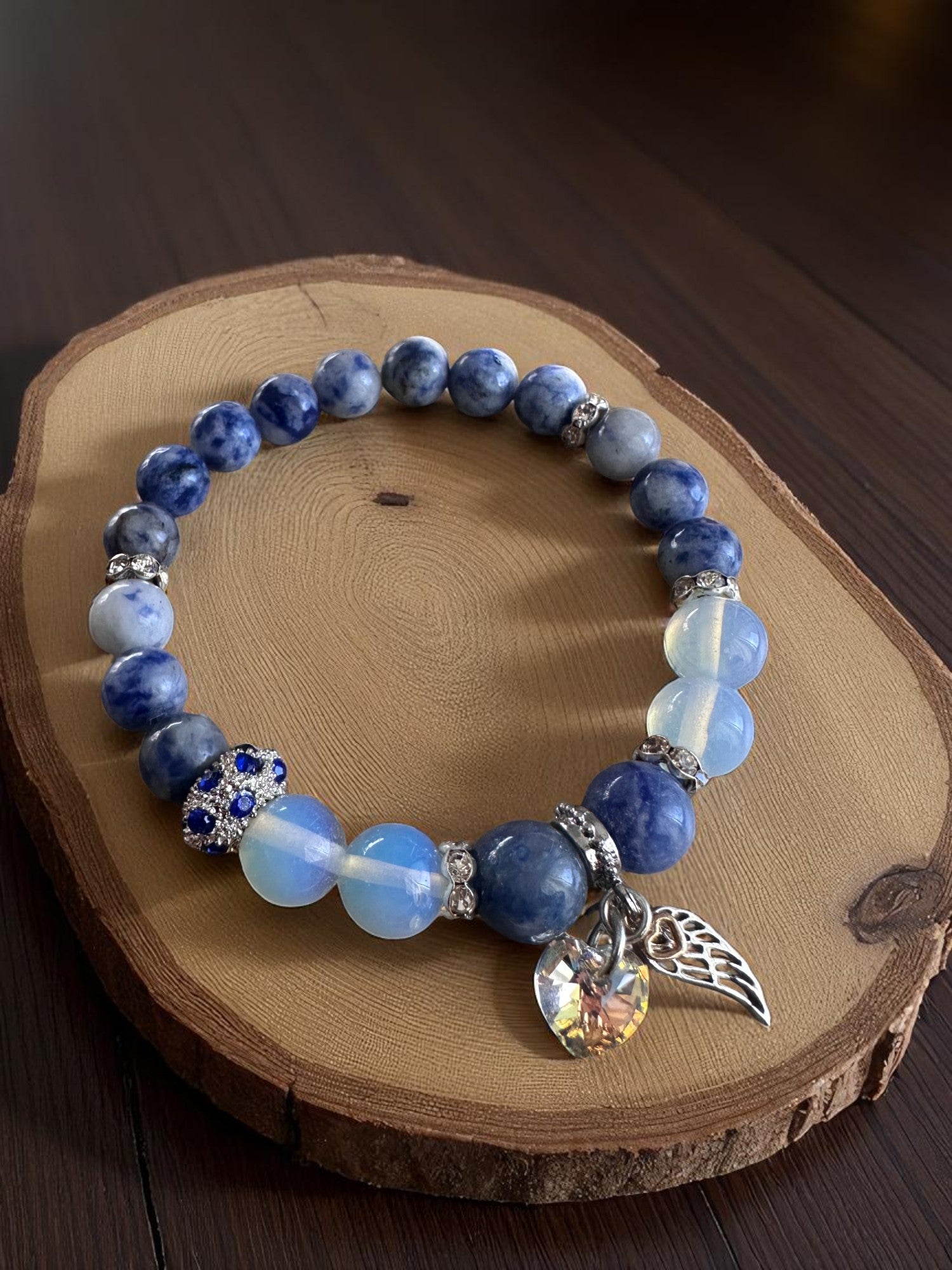 Blue spot jasper and opalite bracelet with Swarovski heart charm
