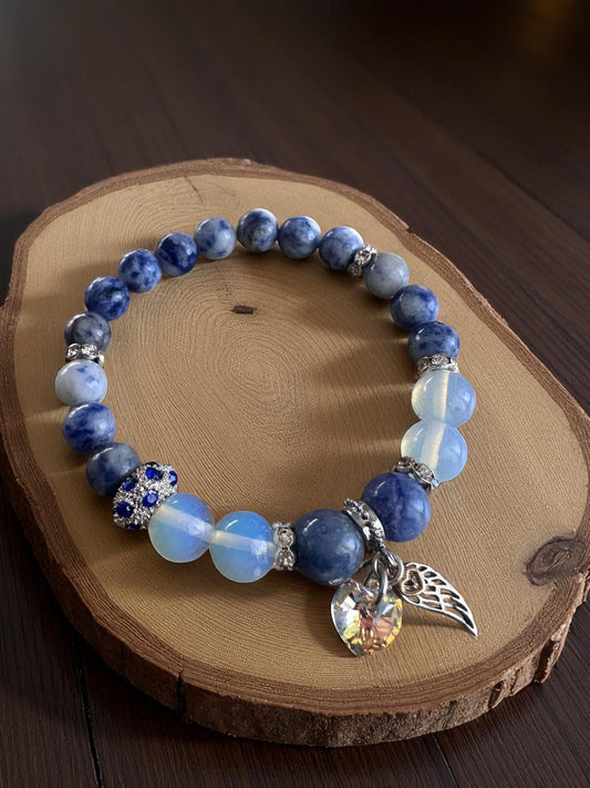 Blue spot jasper and opalite bracelet with Swarovski heart charm