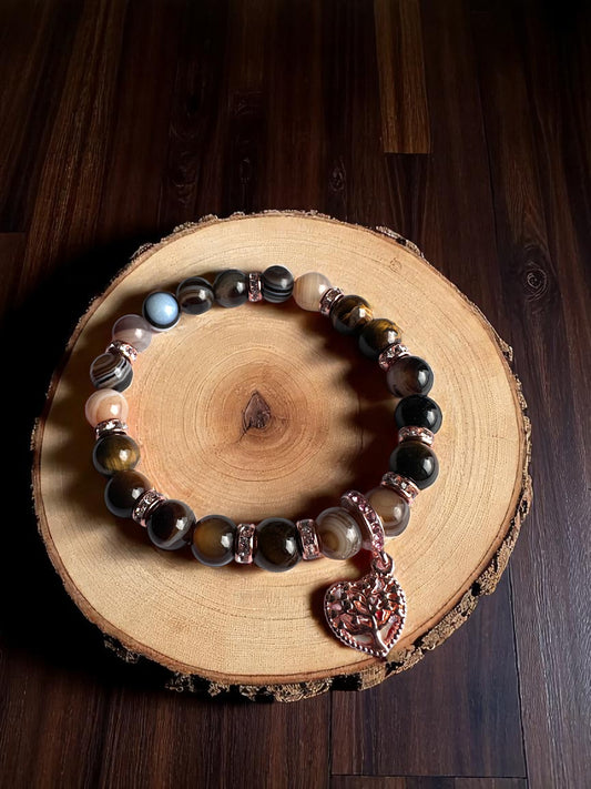 Botswana agate and tiger’s eye bracelet with heart Tree of Life charm