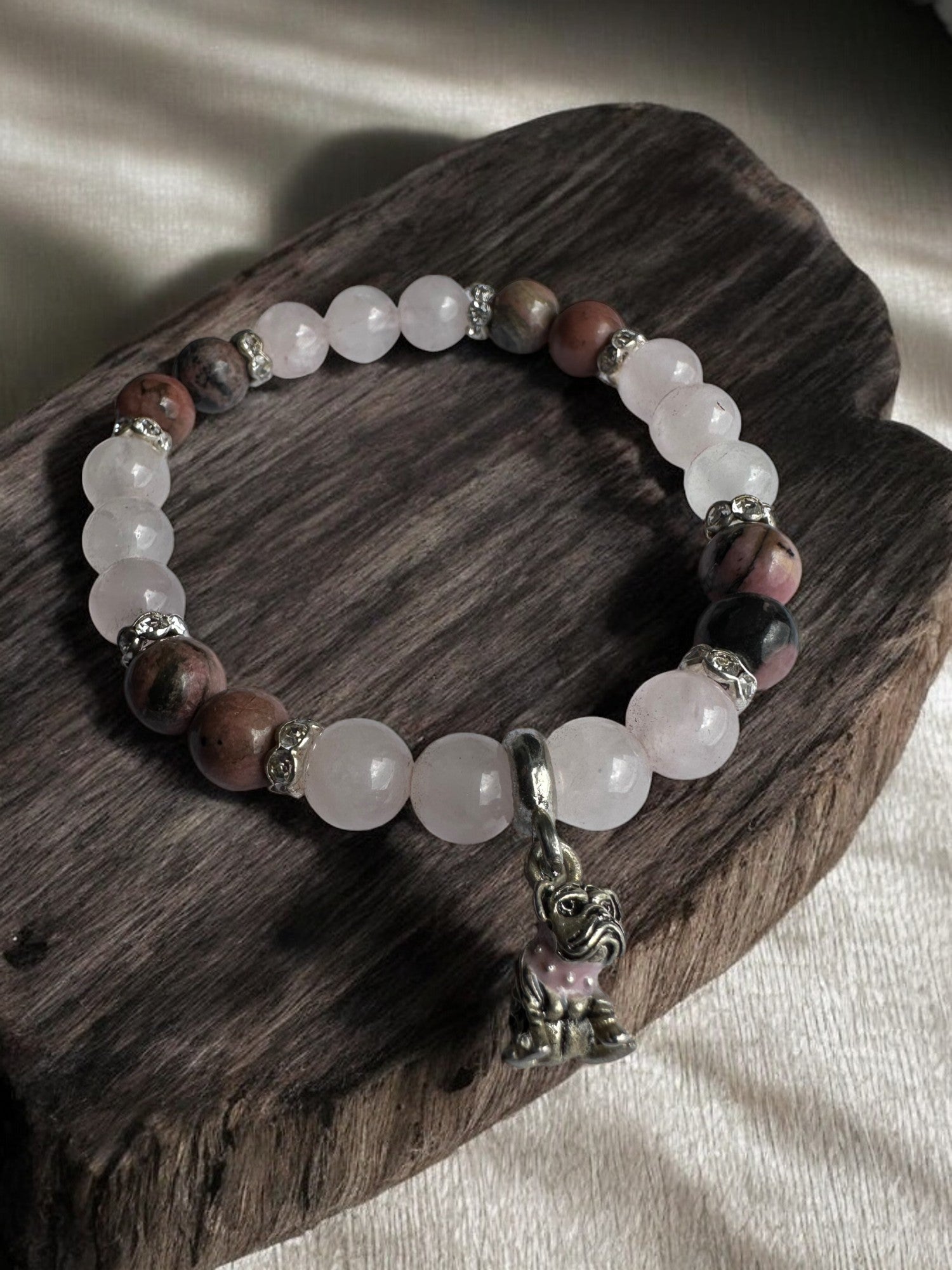 Boxer dog Rose quartz and rhodonite crystal bracelet