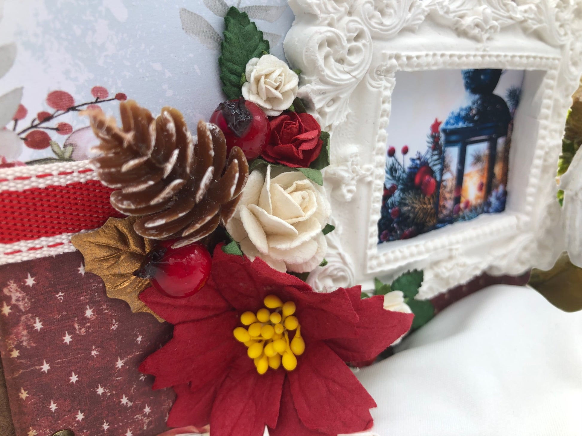 Christmas-themed shabby chic photo album box with book-style drawers, ribbons and lace—artisan handmade keepsake for festive family memories.