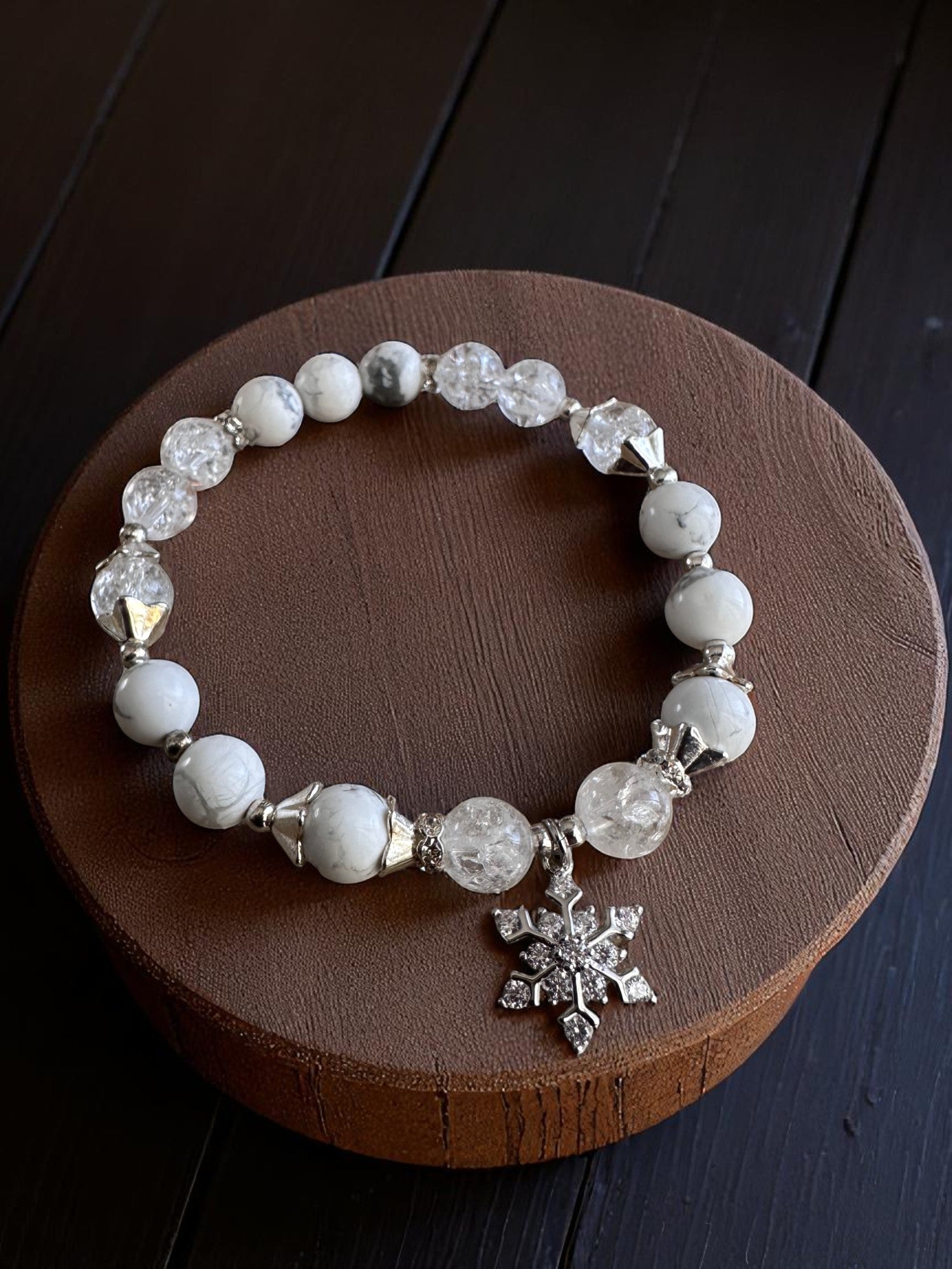 Clear quartz and howlite crystal bracelet with rhinestone snowflake charm