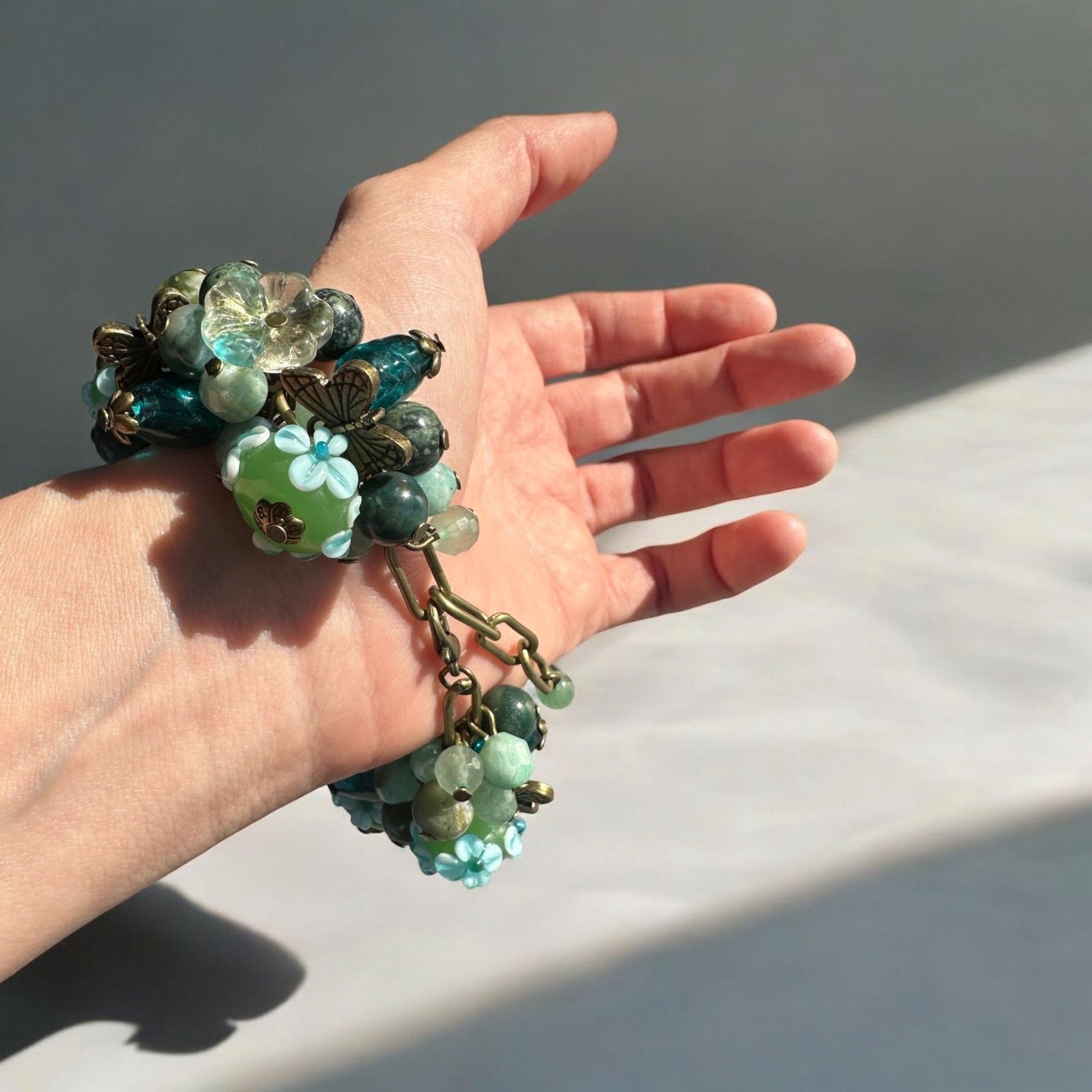 Closure of a handmade Moss Agate, Serpentine, and Green Aventurine Custom Watch