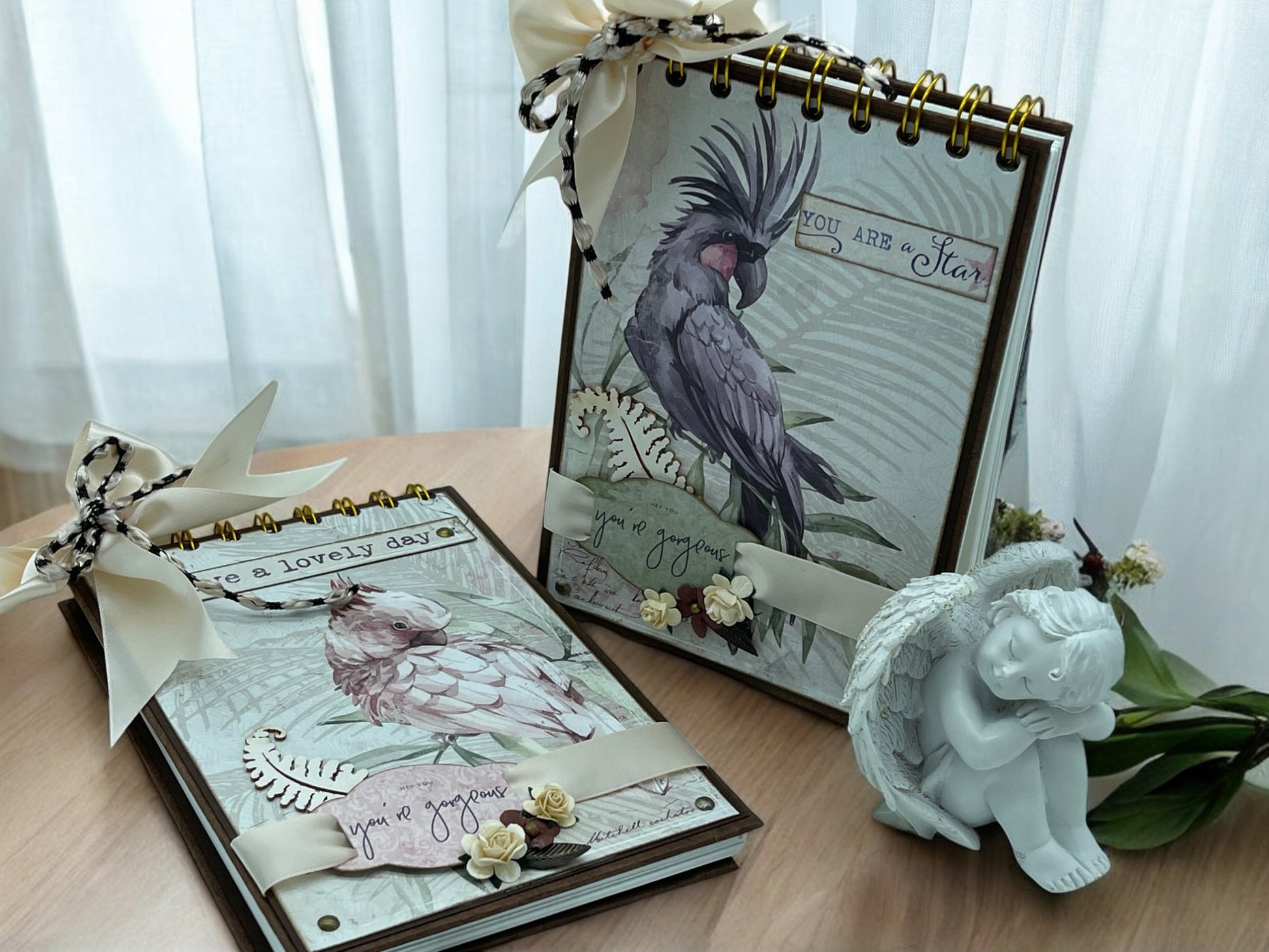 Compact A6 cockatoo spiral journal in purple and pink with 40 usable pages—handmade shabby chic notebook, customisable and perfect as a gift.