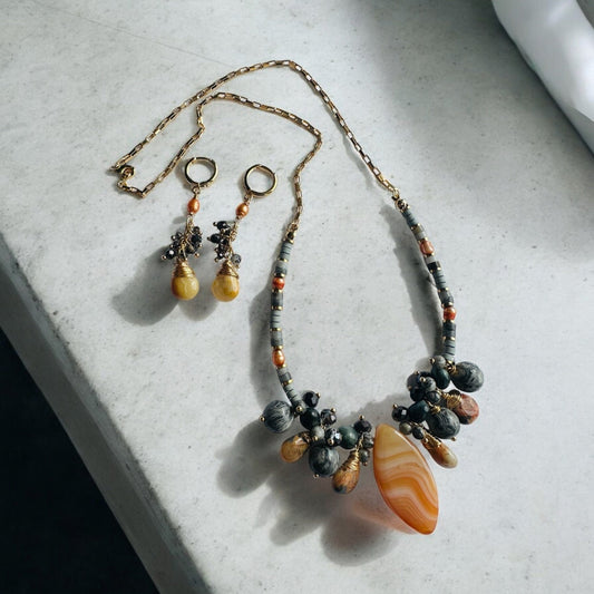 Crazy Lace Agate, Hawk's Eye, Hematite, and Pearl Jewellery Set