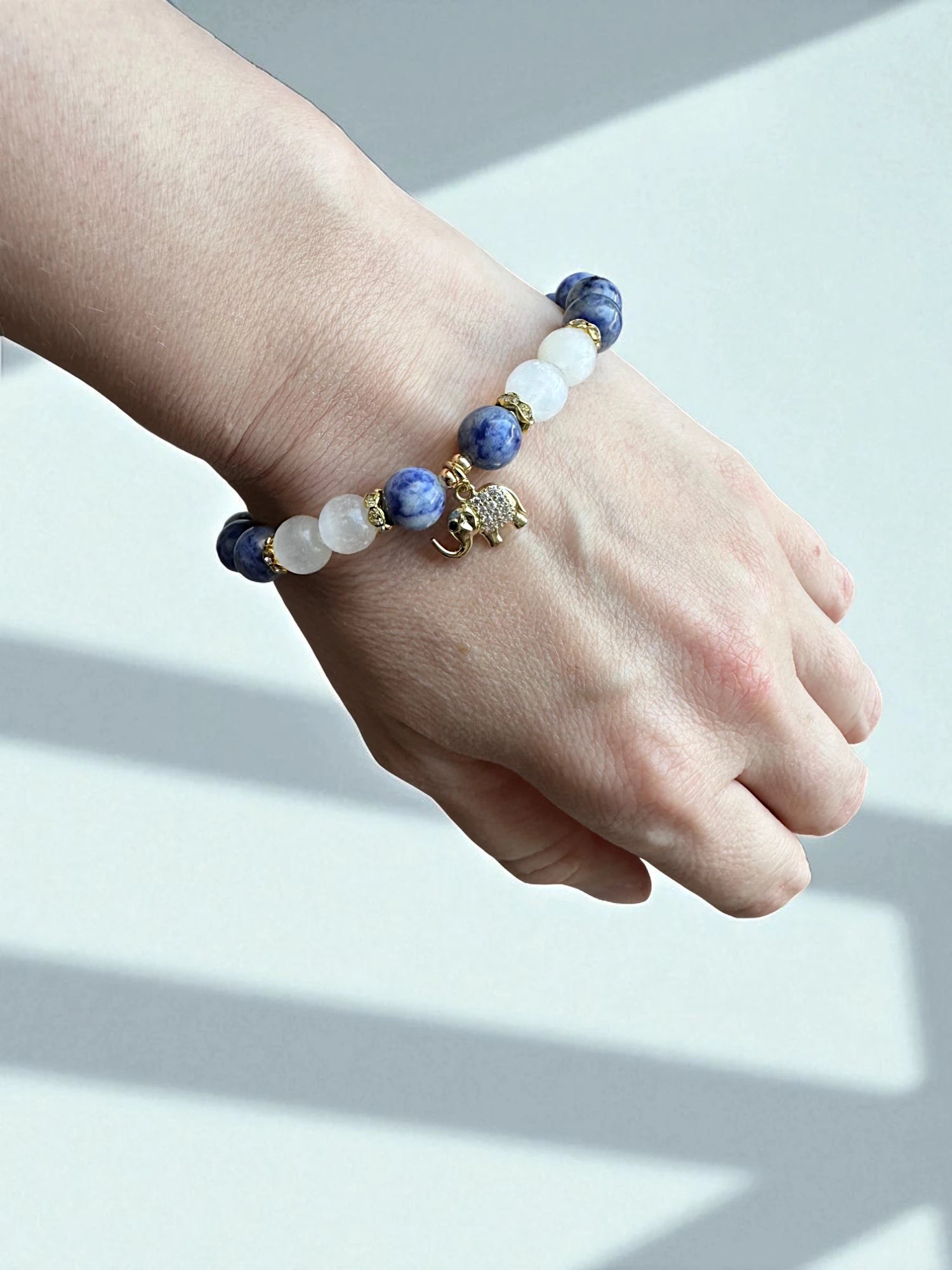 Crystal jewellery Australia featuring a blue spot jasper and selenite bracelet.