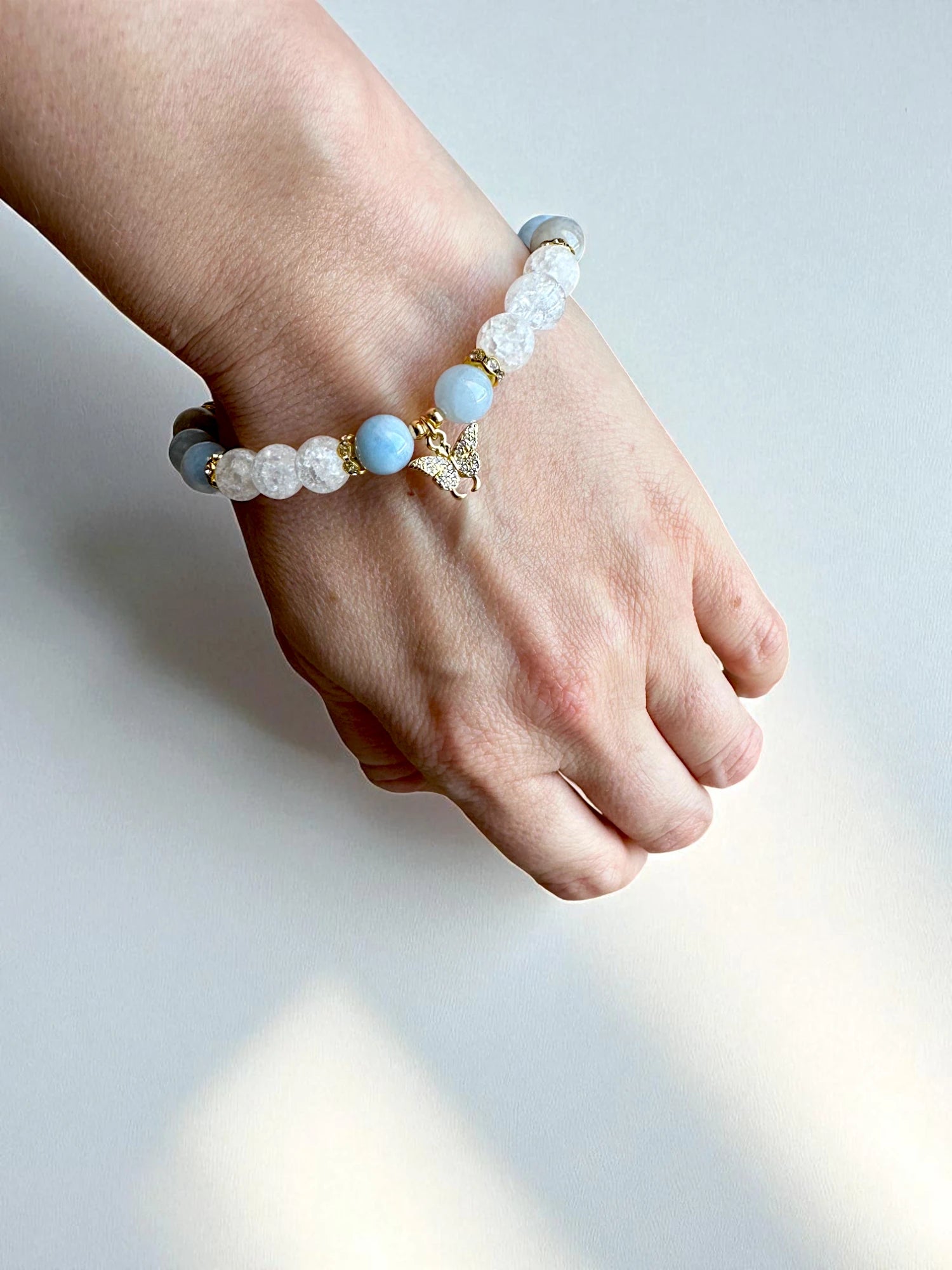 Crystal jewellery Australia featuring an aquamarine and clear quartz bracelet