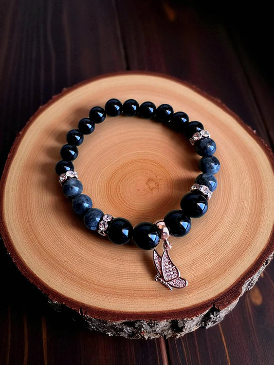 Crystal jewellery Australia featuring black onyx and larvikite bracelet.