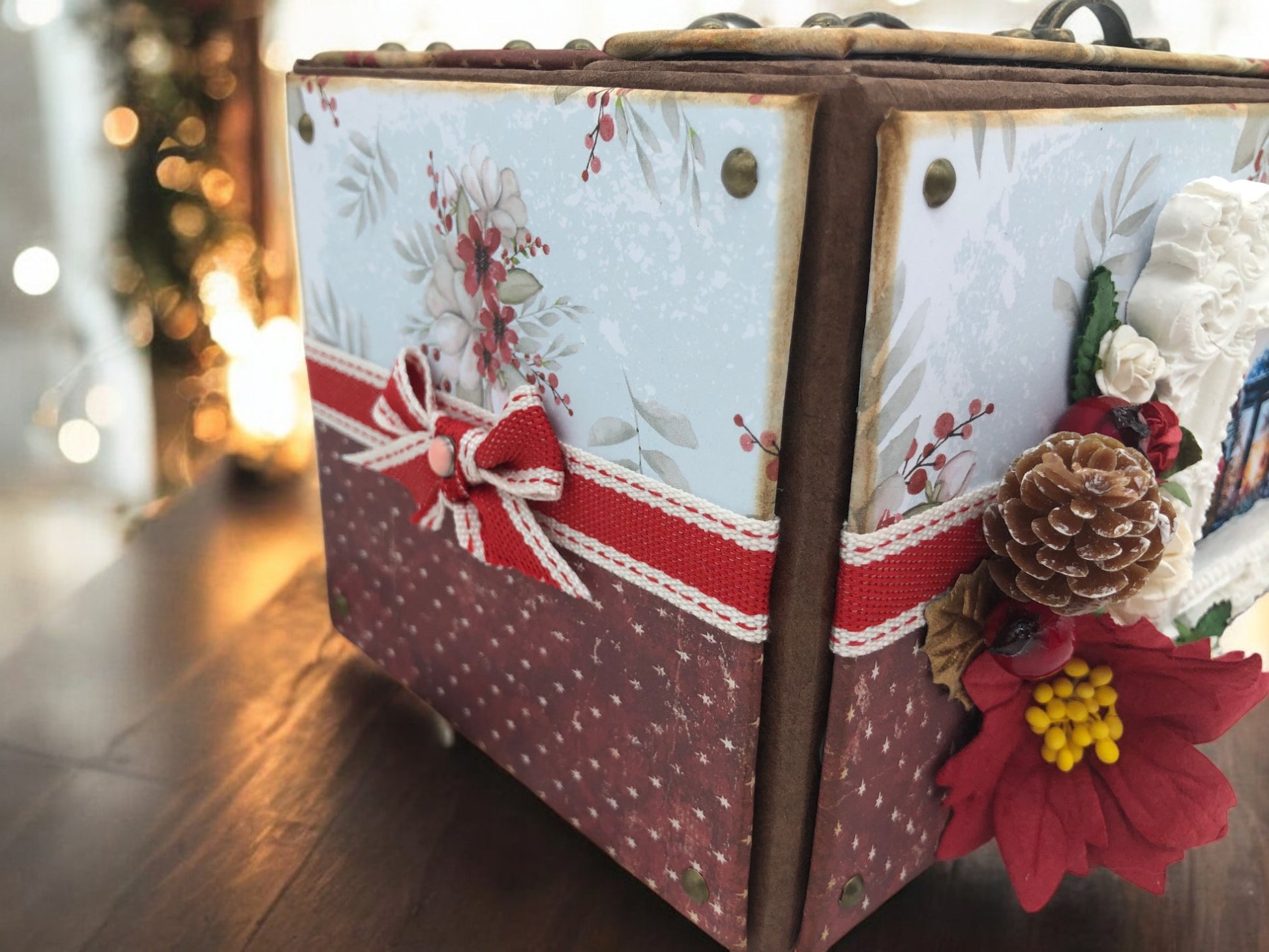 Customisable Christmas shabby chic photo box album with handmade embellishments, 3 drawers and festive design—holiday photo organiser and gift.