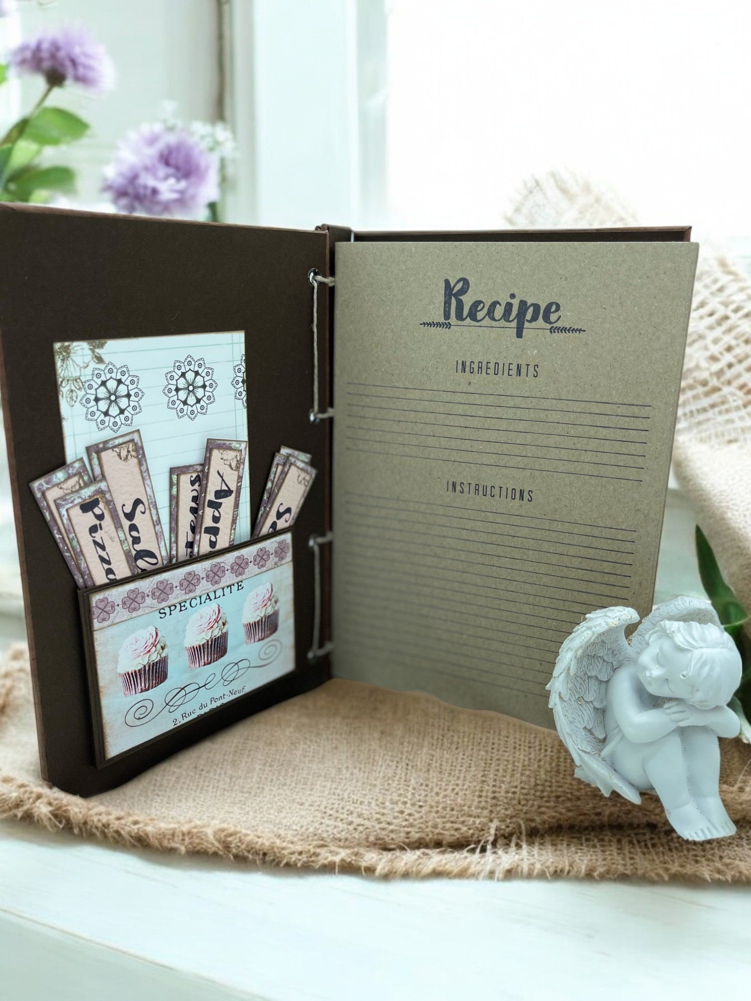 Customisable lavender recipe journal with pocket and 8 tabs for Salads, Desserts, Seafood and Sauces—handmade cookbook for home cooks and families.