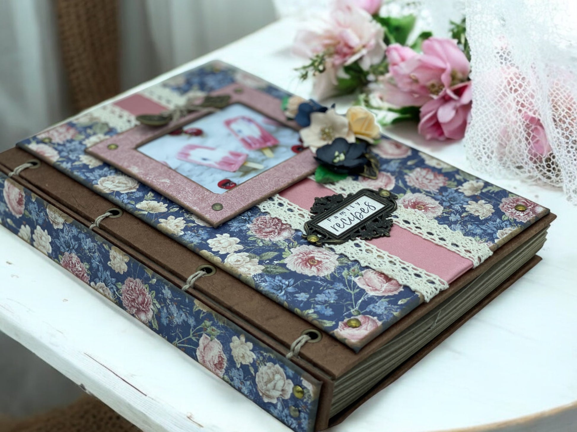 Customisable shabby chic A5 recipe book with pocket and 8 tabs for Salads, Desserts, Seafood, and Sauces—artisan family cookbook for treasured recipes.
