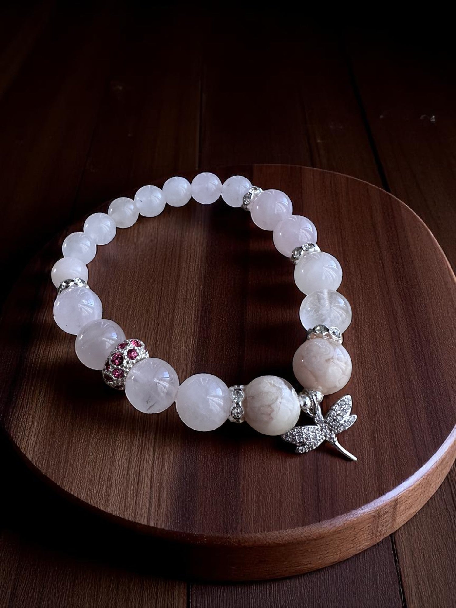 Flower agate and rose quartz bracelet with dragonfly charm
