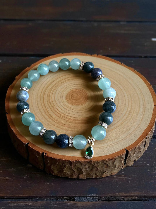 Green aventurine and moss agate gemstone bracelet for renewal and balance.
