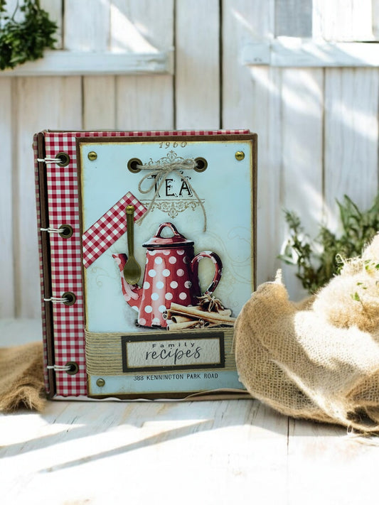 Handmade A6 polka dot recipe book with 80 recycled pages, pocket, 8 bookmarks and magnetic flap—customisable cookbook for family recipes and notes.