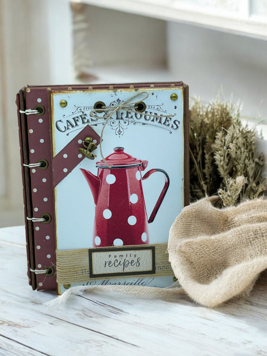 Handmade A6 polka dot recipe book with 80 recycled pages, pocket, 8 bookmarks and magnetic flap—customisable cookbook for writing family recipes