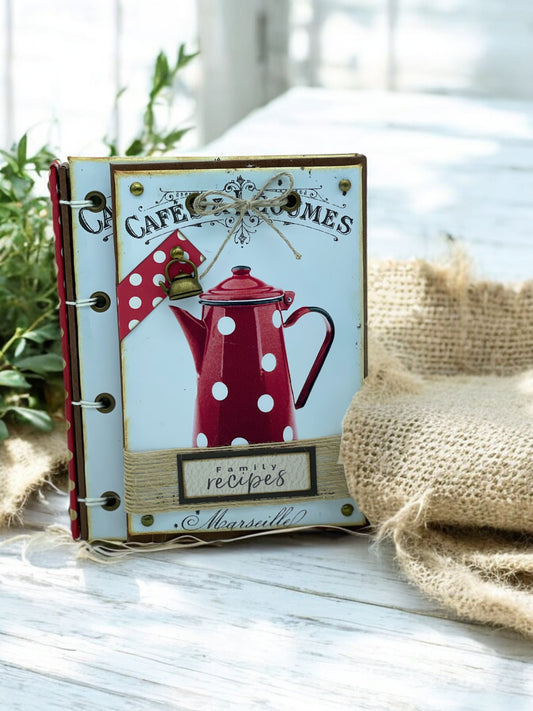 Handmade A6 polka dot recipe journal with 80 recycled pages, magnetic flap closure, pocket and 8 bookmarks—customisable cookbook for family recipes