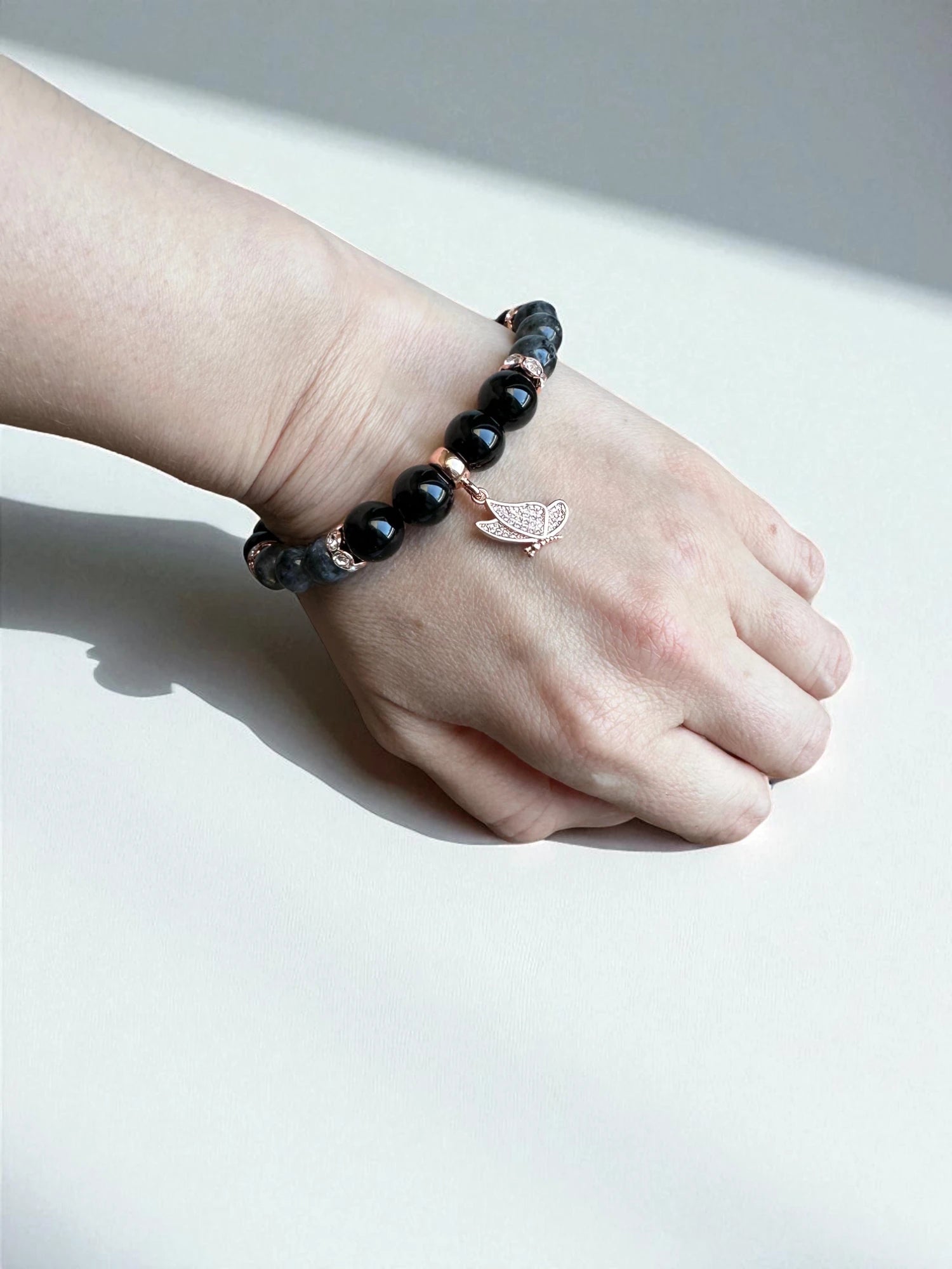 Handmade Black onyx and Larvikite crystal bracelet for clarity and balance