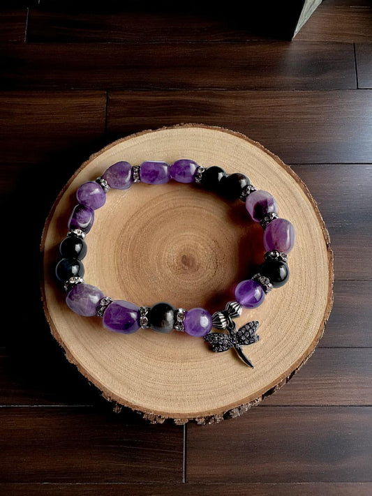 Handmade amethyst and silver sheen obsidian bracelet with dragonfly charm