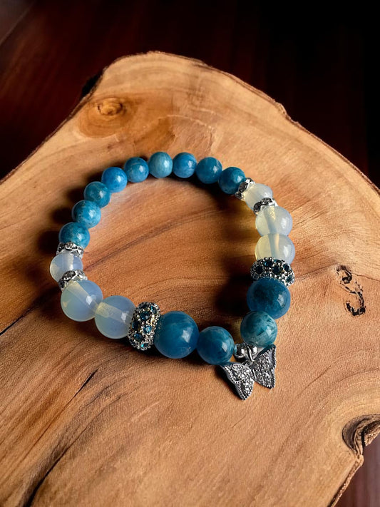 Handmade blue apatite and opalite crystal bracelet with butterfly charm
