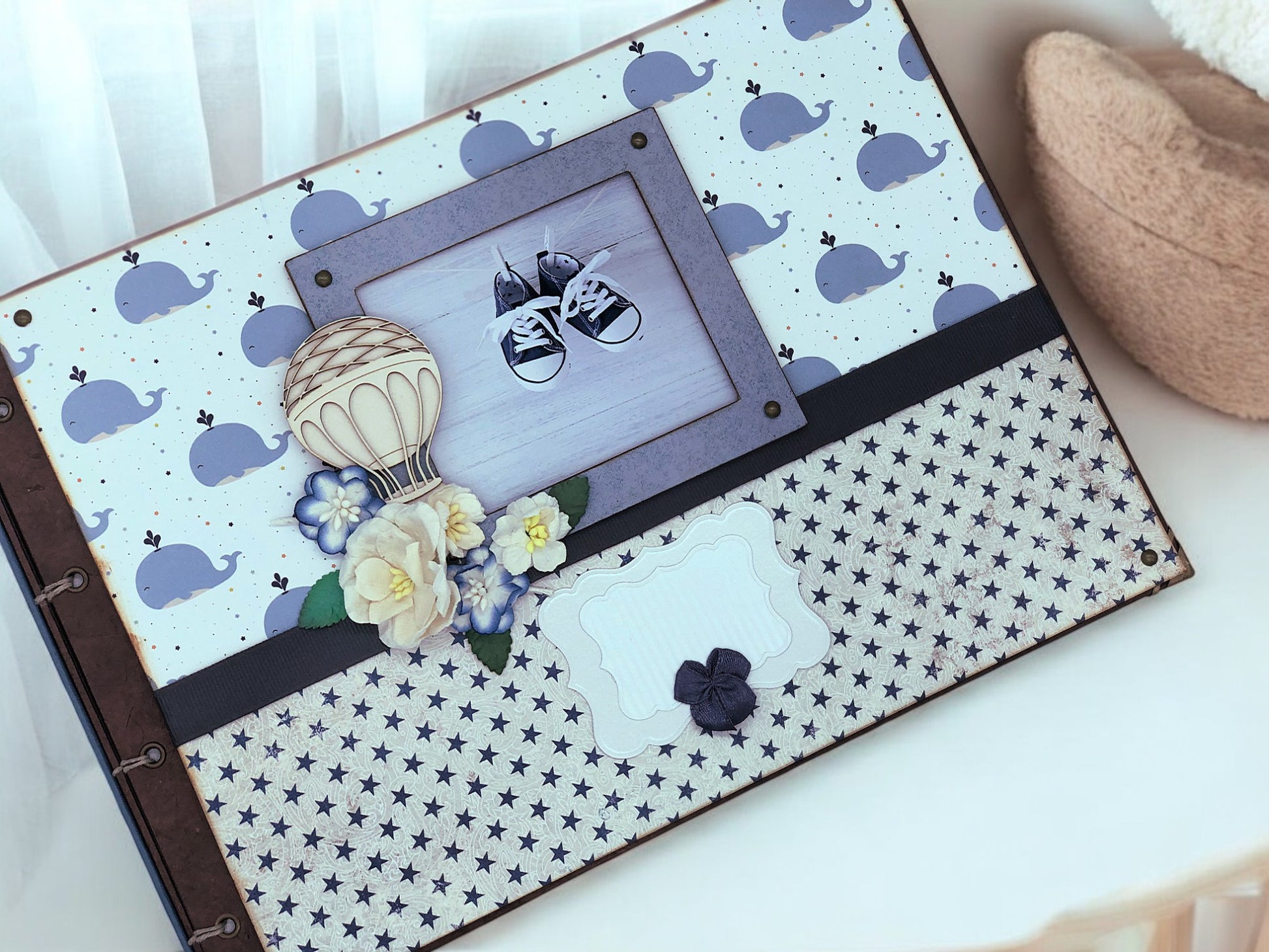 Handmade blue baby photo album A4 with 80 blank pages, customisable name tag, cover photo slot and magnetic flaps—perfect keepsake for newborn memories.