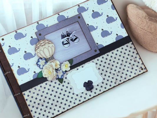 Handmade blue baby photo album A4 with 80 blank pages, customisable name tag, cover photo slot and magnetic flaps—perfect keepsake for newborn memories.