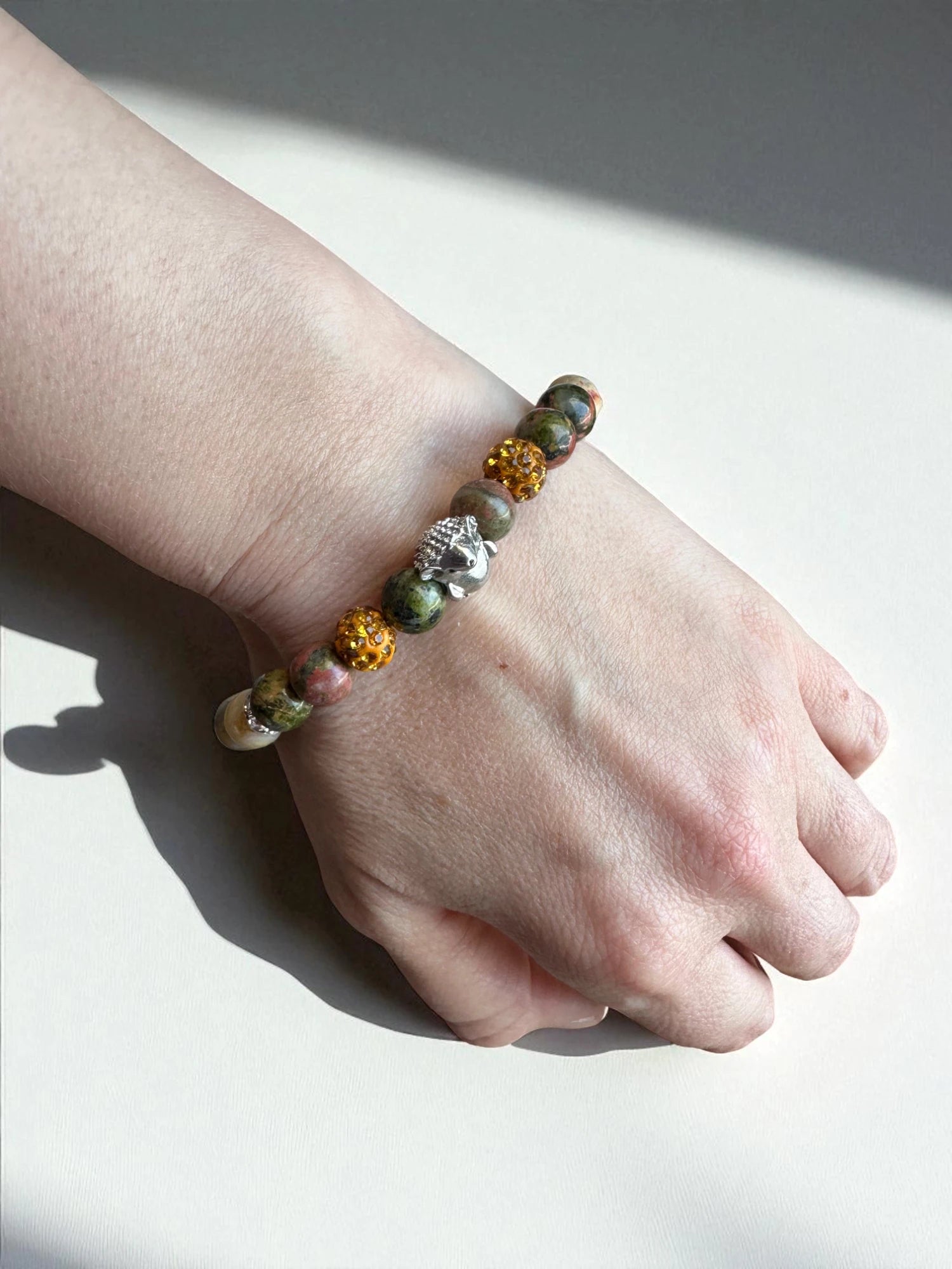 Handmade crystal bracelet with unakite and crazy lace agate beads.
