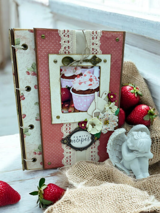 Handmade, customisable lavender A5 recipe book with 3-way open, 80 eco pages, pocket and 8 bookmarks—a vintage family cookbook gift for favourite recipes.